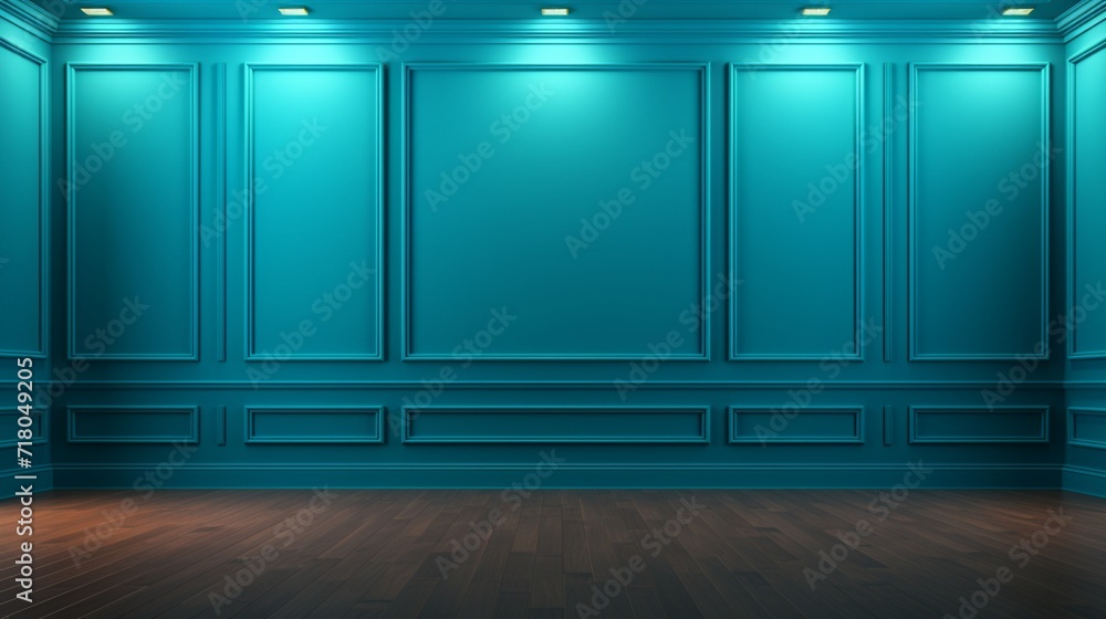 A sophisticated and empty room with a captivating blue turquoise wall and hardwood floors, the window glare enhancing the overall aesthetic for presentation purposes. A sophisticated and empty room with a captivating blue turquoise wall and hardwood floors, the window glare enhancing the overall aesthetic for presentation purposes.
