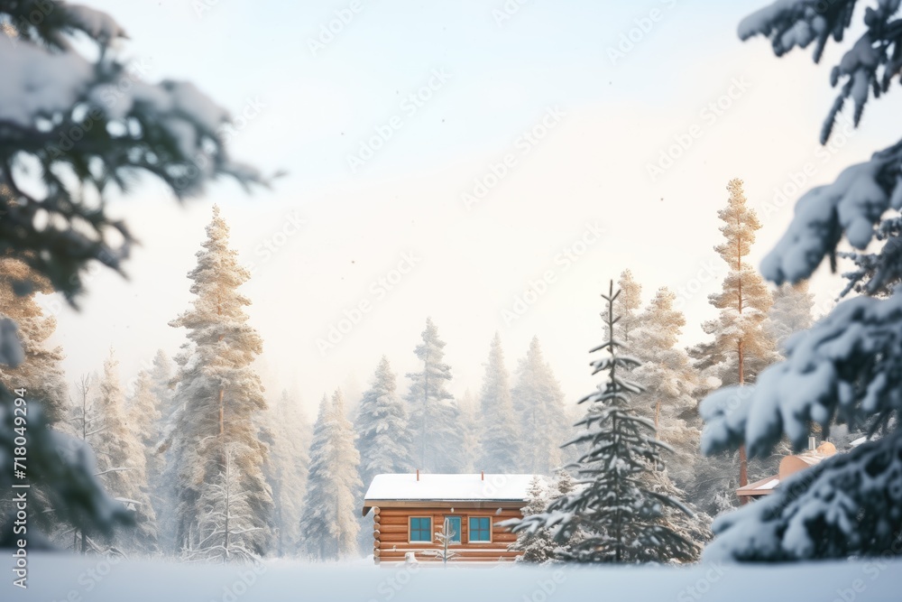 snowladen pines framing a distant wood cabin snowladen pines framing a distant wood cabin