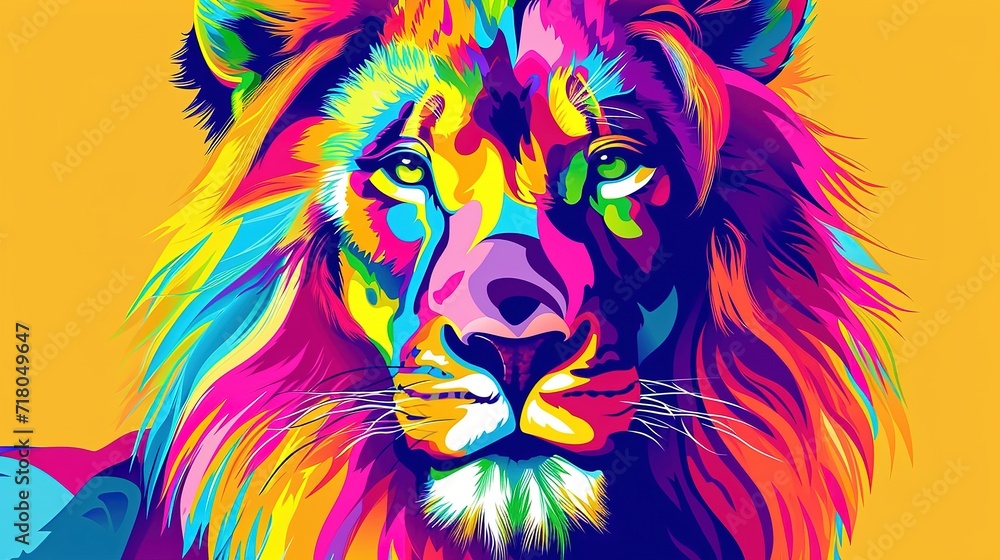 creative colorful lion king head on pop art style with soft mane and color background