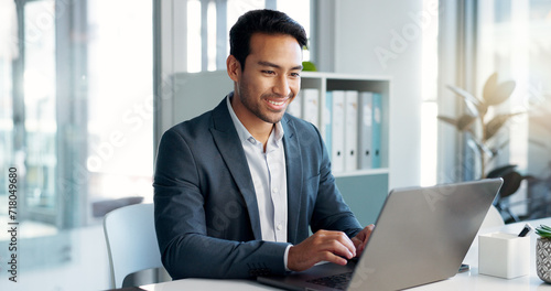 Happy, laptop and typing business man, bank consultant or admin worker smile for research report, project or data. Company computer, administration and professional person working on online account