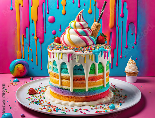 Colorful Pop Art Illustration - Photorealistic Vanilla Cake, Modern Ice Cream Freezers, Paper Cutouts, and Urban Graffiti Gen AI photo