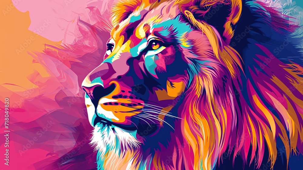 creative colorful lion king head on pop art style with soft mane and color background