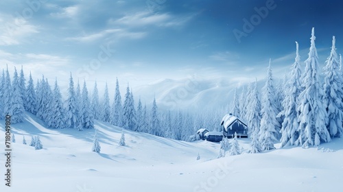 Winter wonderland  serene wooden cabin amidst snow covered fir trees in mountain meadow © Ilja