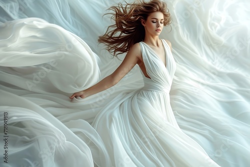 Sensual and stylish woman in a white flowing dress. Generative Ai.