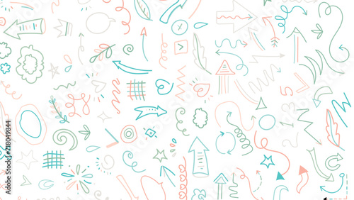 Various sketchy Doodle Arrows  Direction pointers Shapes and Objects. Freehand colorful Lines  curves  dots  spiral. Brush stroke style. Grunge texture. Hand drawn abstract Vector set