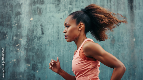 mujer joven afroamericana con melena recogida practicando carrera en ropa de deporte  sobre fondo de pared gris verdoso