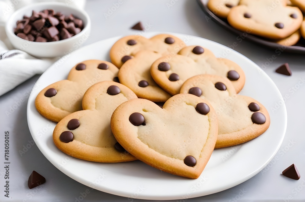 heart shaped chocolate chip cookies on a plate