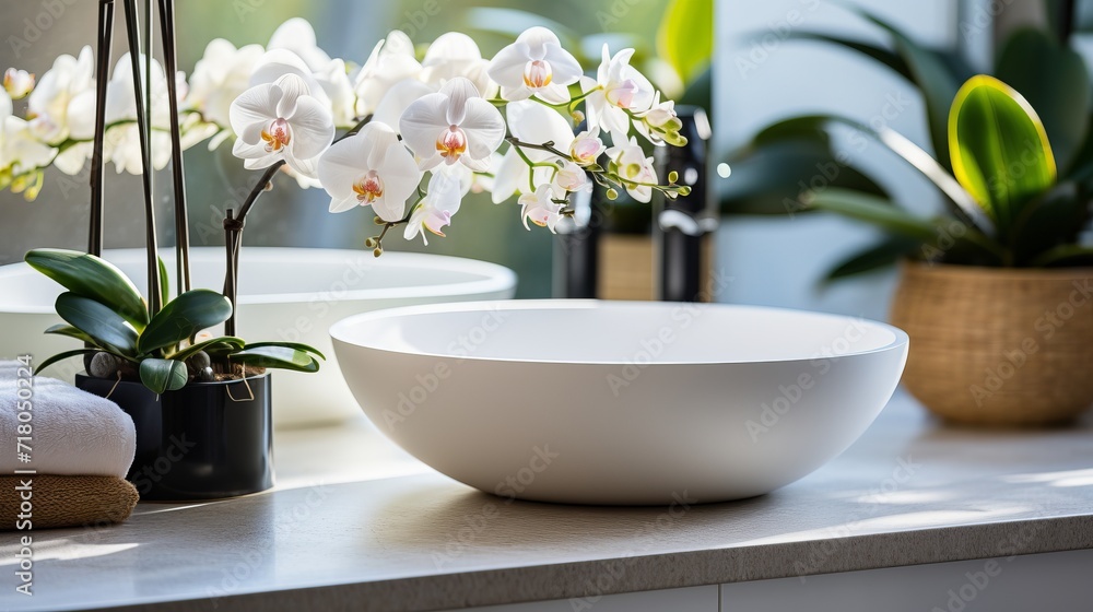 Elegant modern bathroom interior with white sink and stylish faucet in contemporary home design Elegant modern bathroom interior with white sink and stylish faucet in contemporary home design