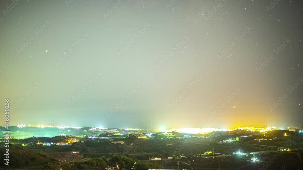Night city glow and majestic Milky Way galaxy above. Light pollution. Time lapse Night city glow and majestic Milky Way galaxy above. Light pollution. Time lapse