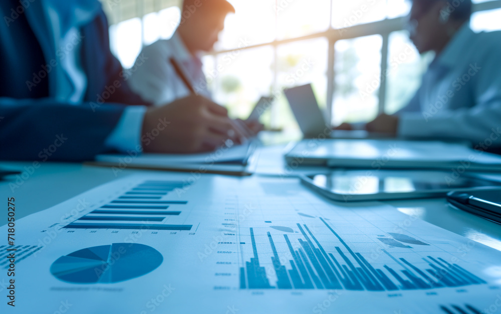 Financial tables and graphs representing market trends in the foreground, in the background business professionals in a meeting Financial tables and graphs representing market trends in the foreground, in the background business professionals in a meeting