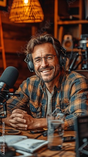 An image depicts a cheerful  middle-aged male podcaster sitting with his legs crossed in a studio  having a good time conversing with an unidentified guest