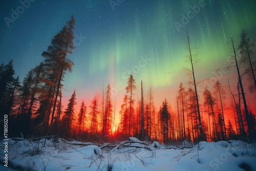 fiery red aurora borealis over a forest clearing © Natalia