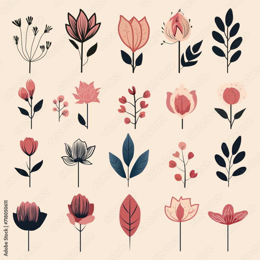 Minimalstic Flower graphic set Vector illustration, flowers with leaves vector