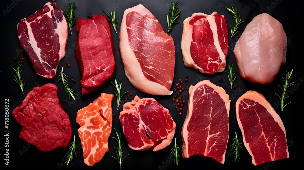 Top view of different raw meats and fish on white background, carnivore diet concept