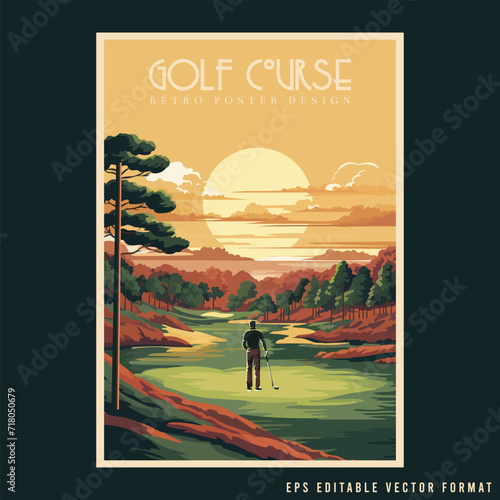 Golf Corse Retro Promotional Poster Design Vector Illustration