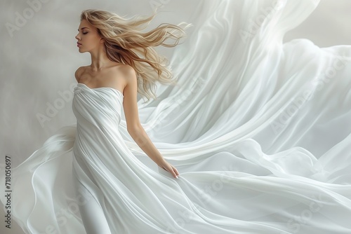 Sensual and stylish woman in a white flowing dress. Generative Ai.
