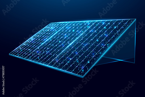Solar battery, solar panel. Renewable alternative energy concept with glowing low poly panel on dark blue background. Wireframe low poly design. Abstract futuristic vector illustration