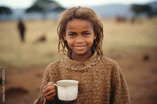 Laughing child in Africa with a mug of water, close-up, drought, water shortage problem photo