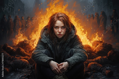 Homeless young woman against a backdrop of a fire and mountains of garbage, drought, water shortage problem, apocalypse