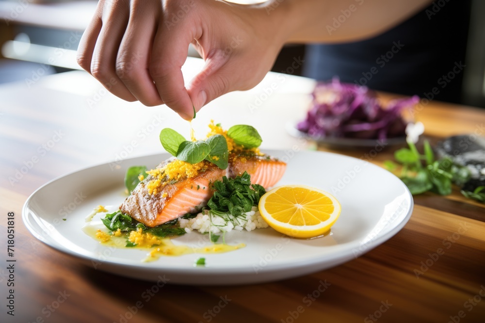 chef garnishing grilled salmon with lemon and herbs
