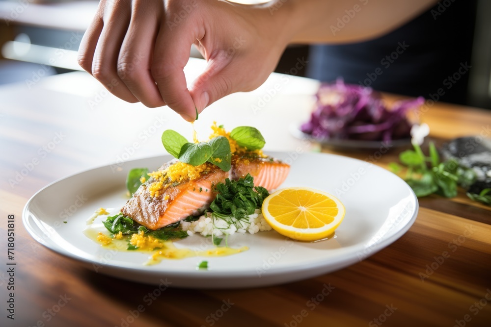 chef garnishing grilled salmon with lemon and herbs chef garnishing grilled salmon with lemon and herbs