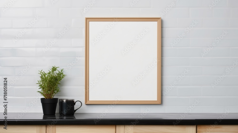 Empty wooden picture frame mockup hanging on white brick wall background Empty wooden picture frame mockup hanging on white brick wall background