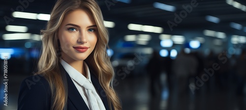 Happy young businesswoman posing in studio with blurred background and copy space for text placement
