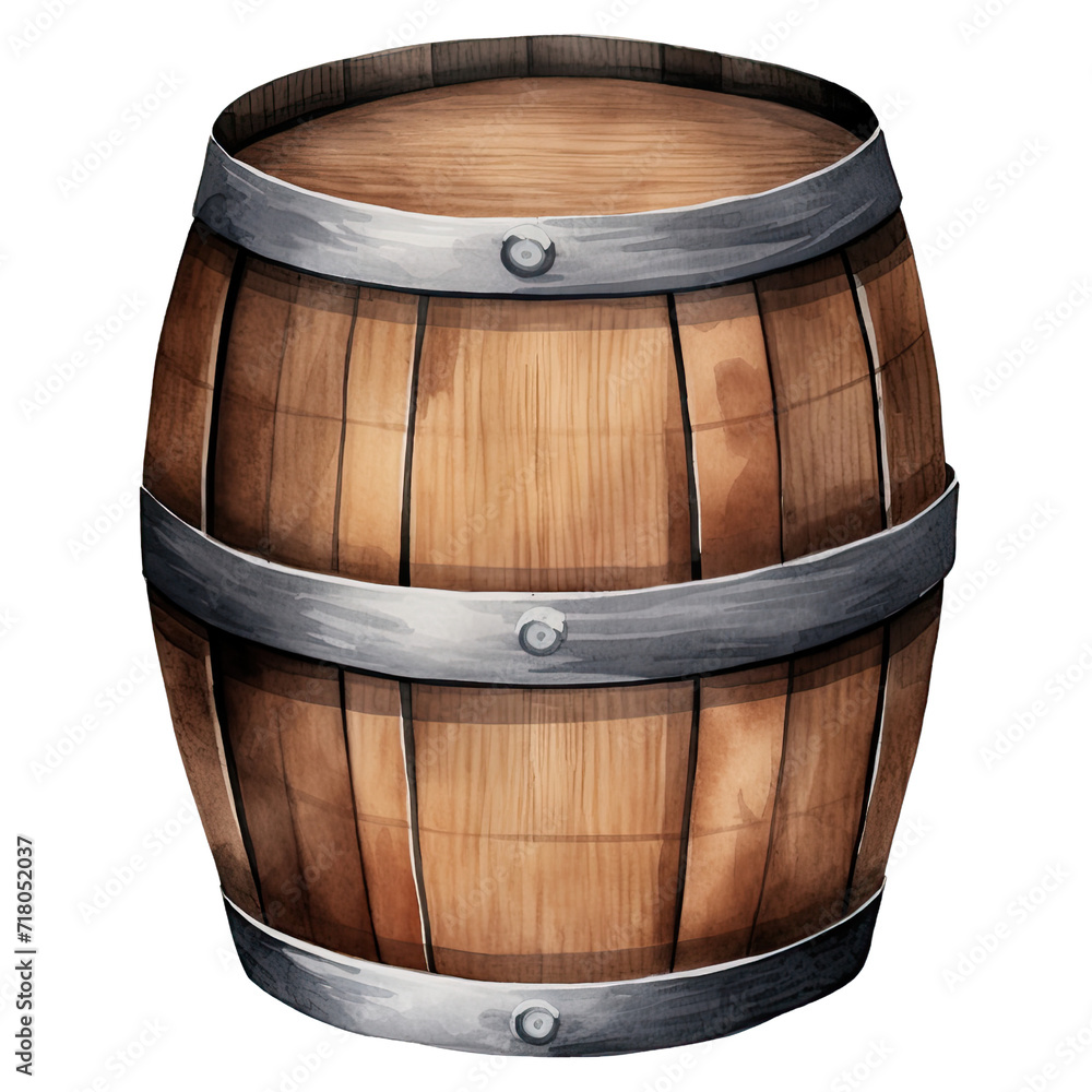 Fototapeta premium AI-generated watercolor Wooden Barrel clip art illustration. Isolated elements on a white background.
