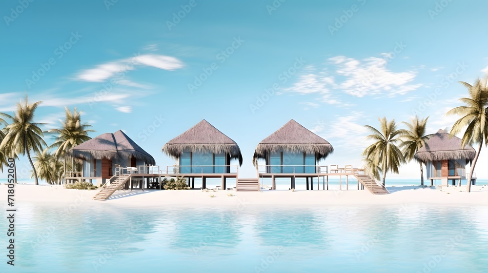 Tropical minimalistic mockup. Luxury panoramic view at exotic resort on turquoise seascape background. villas on beautiful beach on the ocean - obrazy, fototapety, plakaty 