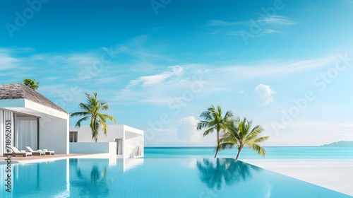 Tropical minimalistic mockup. Luxury panoramic view at exotic resort on turquoise seascape background. villas on beautiful beach on the ocean