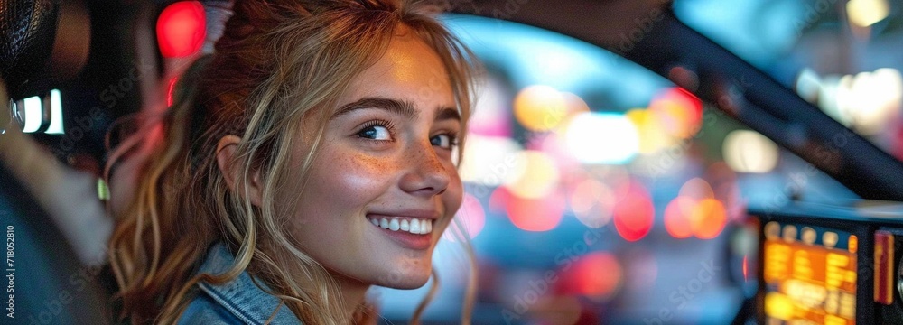Woman ordering takeaway from a drive-through Woman ordering takeaway from a drive-through
