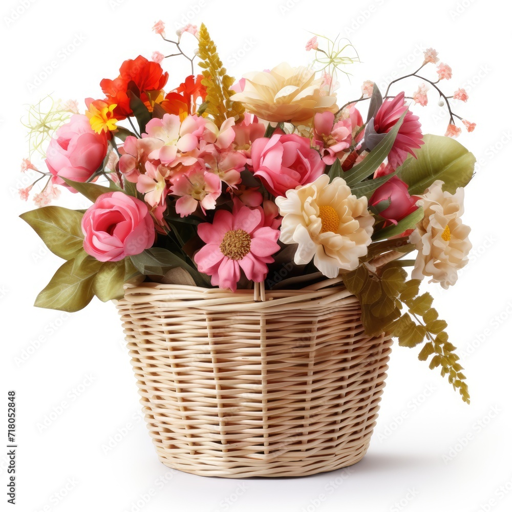 Wicker basket with beautiful spring flowers on white background