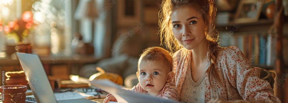 a mother with her infant at home working,