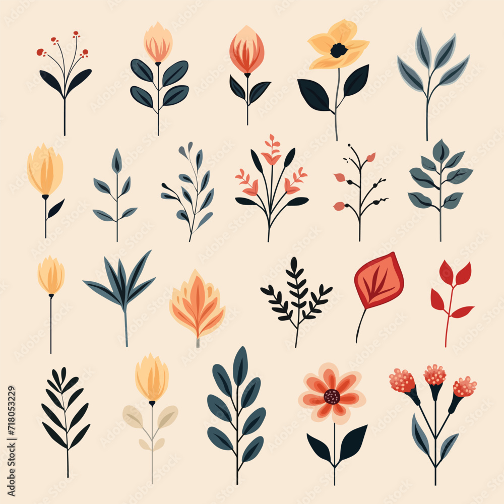 Minimalstic Flower graphic set Vector illustration, flowers with leaves