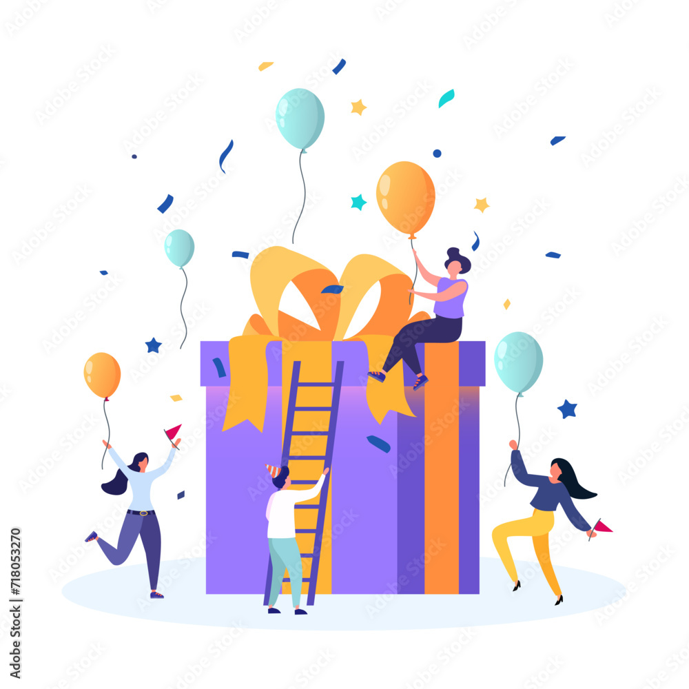 Group of happy people receive gift boxes. Online reward concept, can be used for referral programs, landing page, template, user interface, website, poster, banner, flyer, coupon. Vector flat design Group of happy people receive gift boxes. Online reward concept, can be used for referral programs, landing page, template, user interface, website, poster, banner, flyer, coupon. Vector flat design