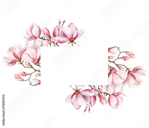 Watercolor floral frame with magnolia tree branches and flowers, isolated illustration for wedding and holiday cards, posters 