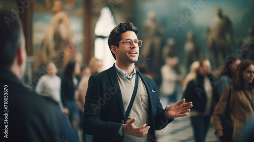 Tour guide at the museum, portrait on blurred background photo