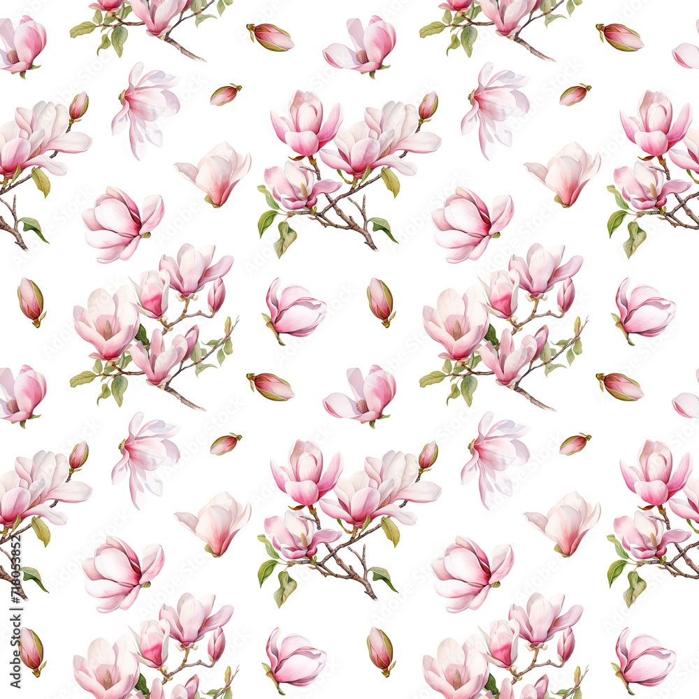 Seamless pattern of watercolor spring blooming magnolia tree branches, floral pattern on white background Seamless pattern of watercolor spring blooming magnolia tree branches, floral pattern on white background