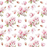 Seamless pattern of watercolor spring blooming magnolia tree branches, floral pattern on white background