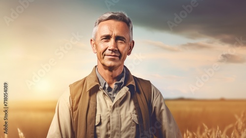 Agronomist portrait on blurred background. Portrait of rancher outdoors