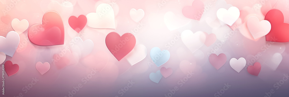 Pastel hearts pattern background banner. Valentine's Day. Panoramic web header with copy space. Wide screen wallpaper