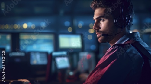 Fotografiet Air traffic controller with headset talk on a call in airport tower portrait