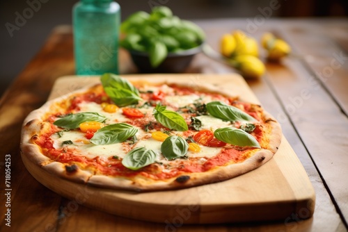 pizza margherita on a wooden board with basil