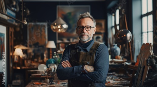 Portrait of artist in his studio against a blurred background. Middle aged man