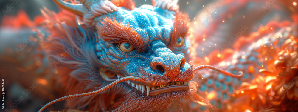 close up of red and blue Chinese dragon