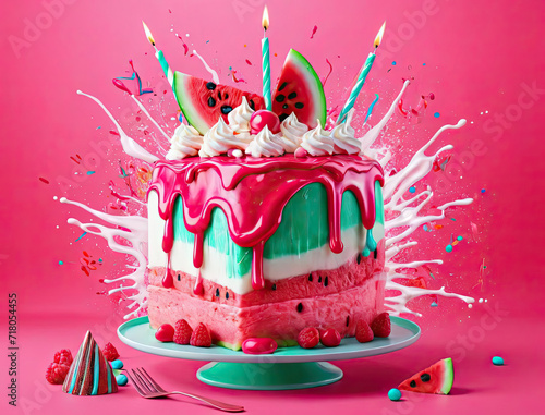 Vibrant Pop Art Illustration with Watermelon Milkshake, Birthday Cake, and Energetic Abstraction Gen AI photo