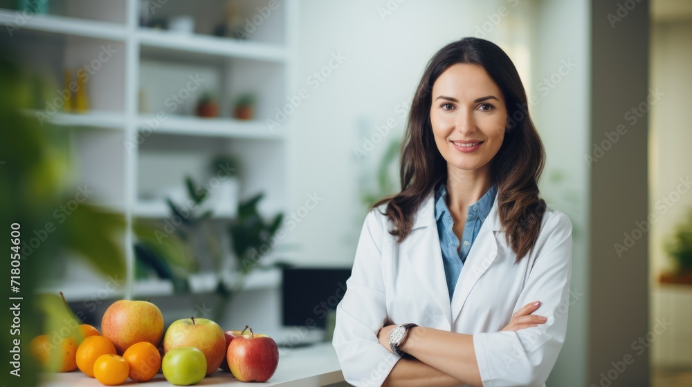 Nutritionist at office portrait. Weight loss consultant recommending healthy diet Nutritionist at office portrait. Weight loss consultant recommending healthy diet