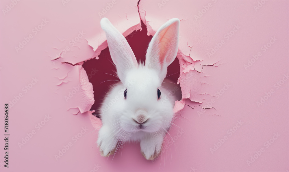 Obraz premium A white rabbit pokes its head out of a hole in pink paper, background, panorama with space for your text