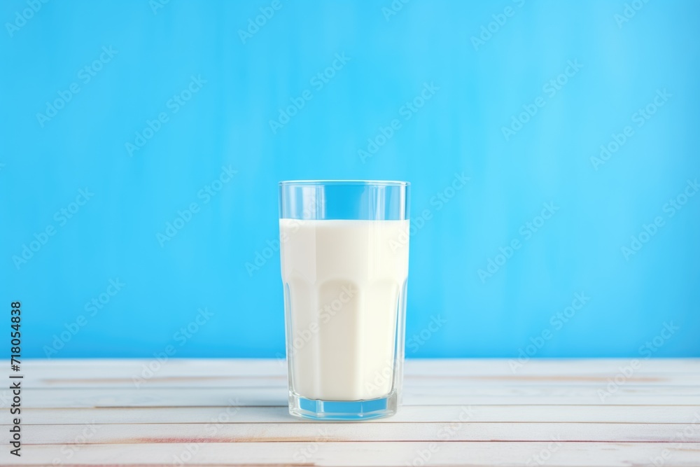 glass of milk on a white table with a blue background glass of milk on a white table with a blue background