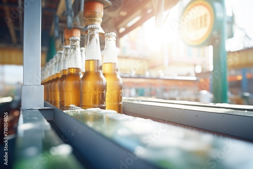 conveyor with beer bottles filling